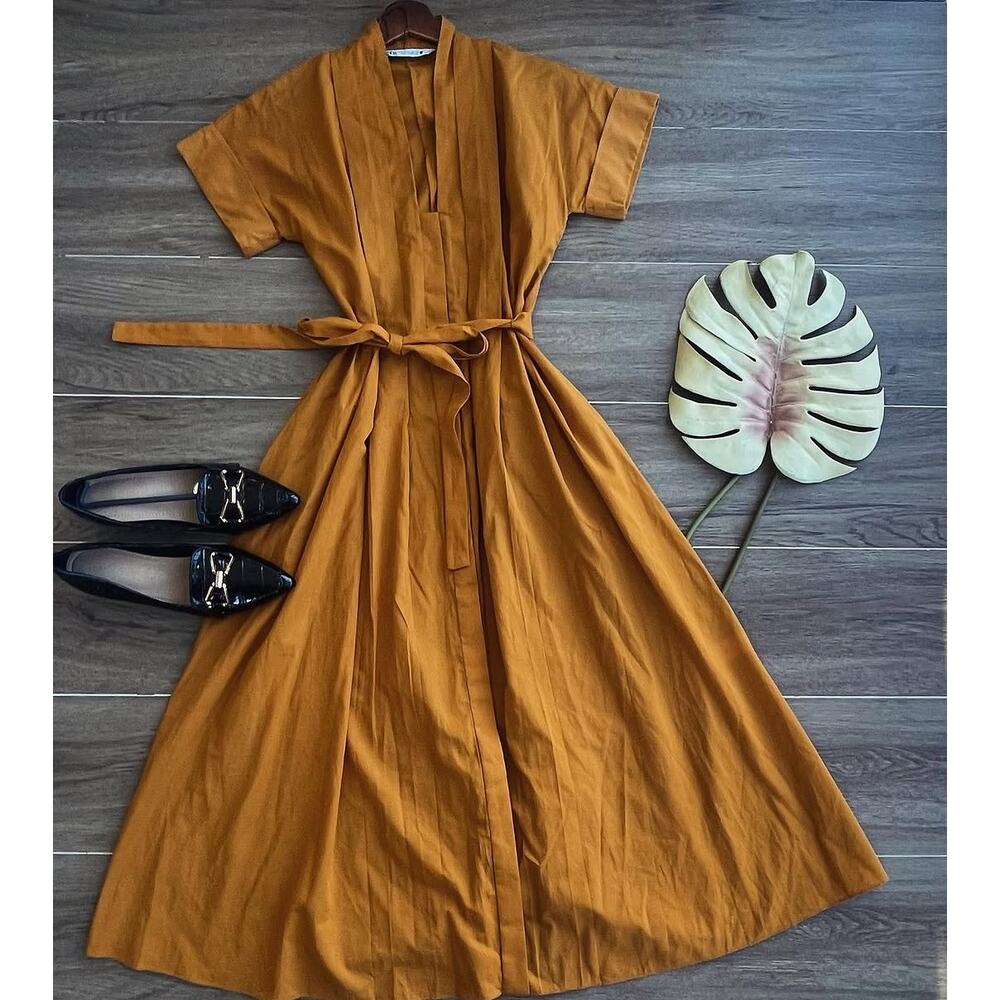 RARE ZARA Burnt Orange Cotton Midi Dress NWT - Picture 16 of 16